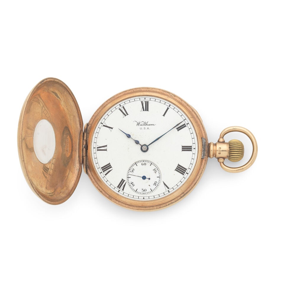 Waltham. A 9K gold keyless wind half hunter pocket watch Birmingham Hallmark for 1912: Waltham. A 9K gold keyless wind half hunter pocket watch Date: Birmingham Hallmark for 1912 Movement: Swiss lever, No.17744443 Dial: White Case: Polished round, No.46803 Signed: Dial & movement Size: 