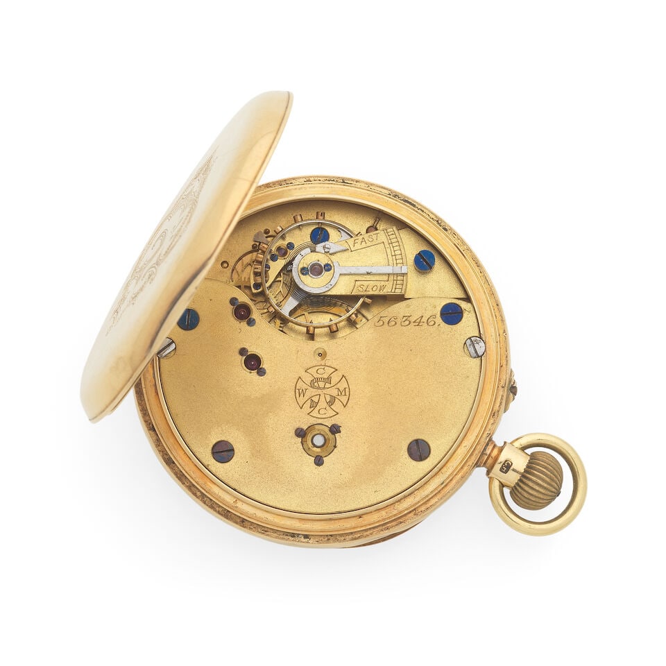 An 18K gold keyless wind open face pocket watch Chester Hallmark for 1903 - 2