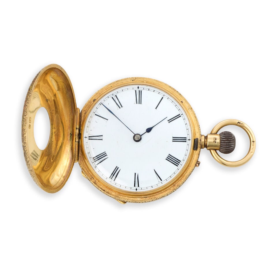 An 18K gold keyless wind half hunter pocket watch London Hallmark for 1882 (1 of 5)
