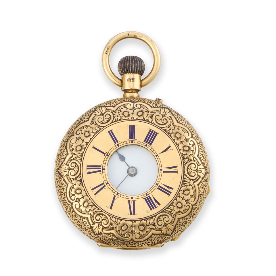 An 18K gold keyless wind half hunter pocket watch London Hallmark for 1882 - 4