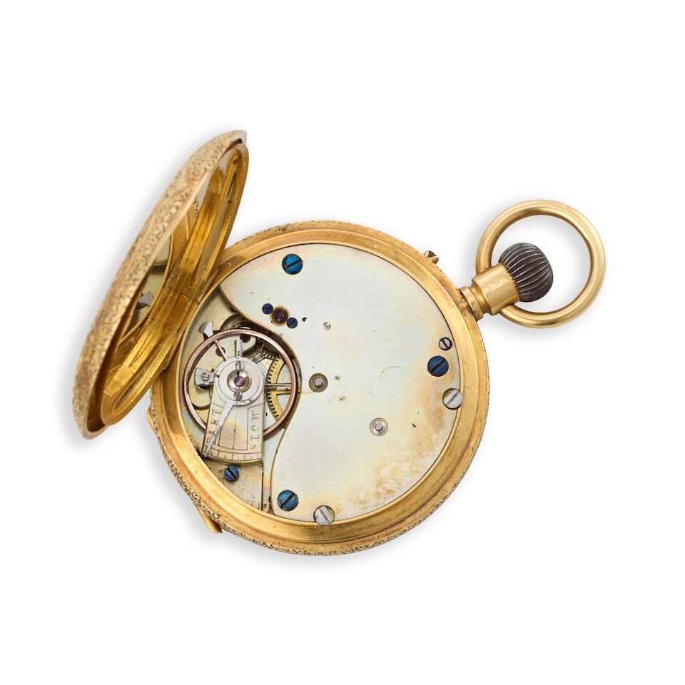 An 18K gold keyless wind half hunter pocket watch London Hallmark for 1882 - 5