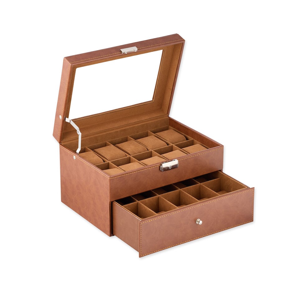 A brown watch box with 20 slots Recent: A brown watch box with 20 slots Date: Recent Size: 28.5cm wide x 20cm deep x 16.5cm tall Accompaniments: Key For further information on this lot please visit Bonhams.com For further information about