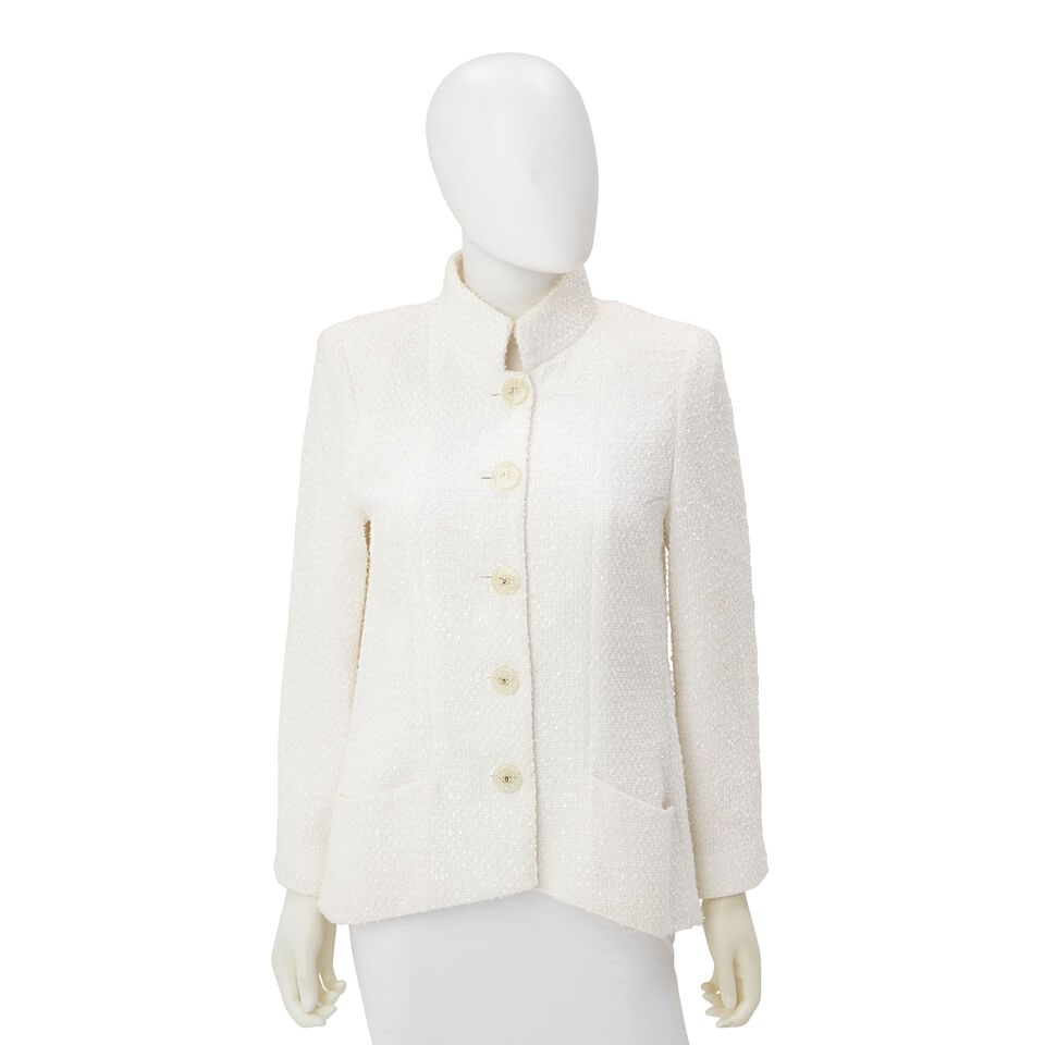 CHANEL: WHITE TWEED JACKET Spring 2019 | Look 39 Pictured in Yellow: CHANEL: WHITE TWEED JACKET Spring 2019 | Look 39 Pictured in Yellow • White Tweed Exterior with Clear Acrylic Woven Detail • Sequin Acrylic CC Logo Button Detail at Closure • Two ext