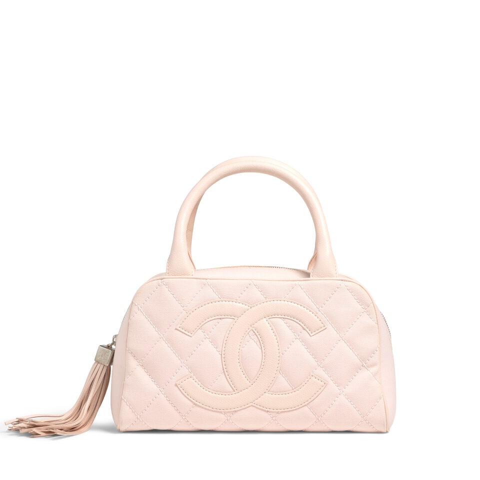 CHANEL: PINK CANVAS AND CAVIAR TIMELESS BOWLING BAG 2004-2005 (1 of 3)
