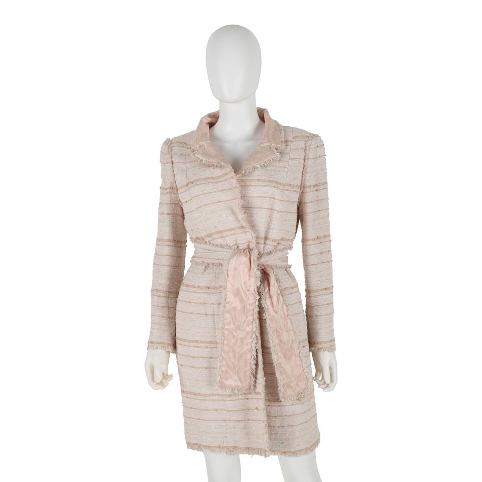 CHANEL: PINK TWEED COAT Spring/Summer 2004: CHANEL: PINK TWEED COAT Spring/Summer 2004 • Multicolor Pink Tweed Exterior with Frayed Edges • Matching Belt Tie Included • Pearl CC Charms at Sleeve • Pink Quilted Silk Inter