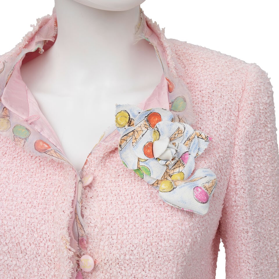 CHANEL: PINK TWEED CHIFFON TRIM SKIRT SUIT ENSEMBLE Cruise 2004 - 2