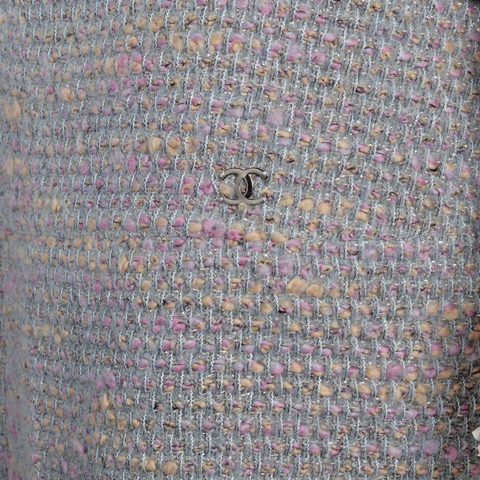 CHANEL: PINK AND GREY BOUCLE TWEED SKIRT SUIT ENSEMBLE Fall 2004 - 2
