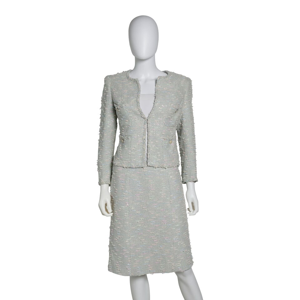 CHANEL: PASTEL BLUE AND WHITE TWEED SKIRT SUIT ENSEMBLE Cruise 2007: CHANEL: PASTEL BLUE AND WHITE TWEED SKIRT SUIT ENSEMBLE Cruise 2007 • Pastel Blue and Pink Tweed Exterior • Sequin Embellishments Throughout • Jacket Hook Eye Closure | Skirt Zipper 