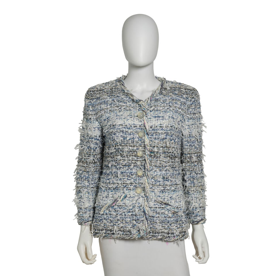 CHANEL: BLUE & WHITE FANTASY TWEED JACKET Spring 2018: CHANEL: BLUE & WHITE FANTASY TWEED JACKET Spring 2018 • Blue White Fantasy Tweed Exterior • White Fringe Embellishments Throughout • Circle Acrylic Glitter Button Closure • Gre