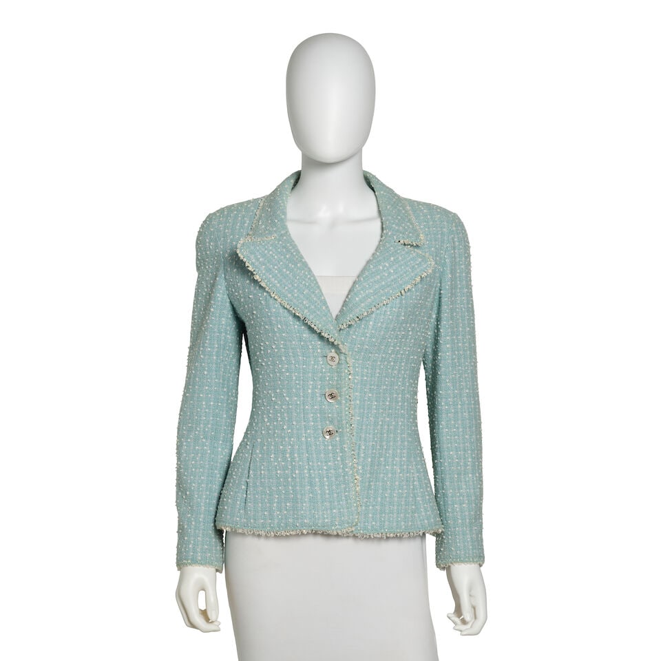 CHANEL: BLUE & WHITE BOUCLE TWEED JACKET Spring 1997: CHANEL: BLUE & WHITE BOUCLE TWEED JACKET Spring 1997 • Blue and White Boucle Tweed Exterior • White Trim Throughout • White CC Button Closure • Blue CC Silk Interior Lining 