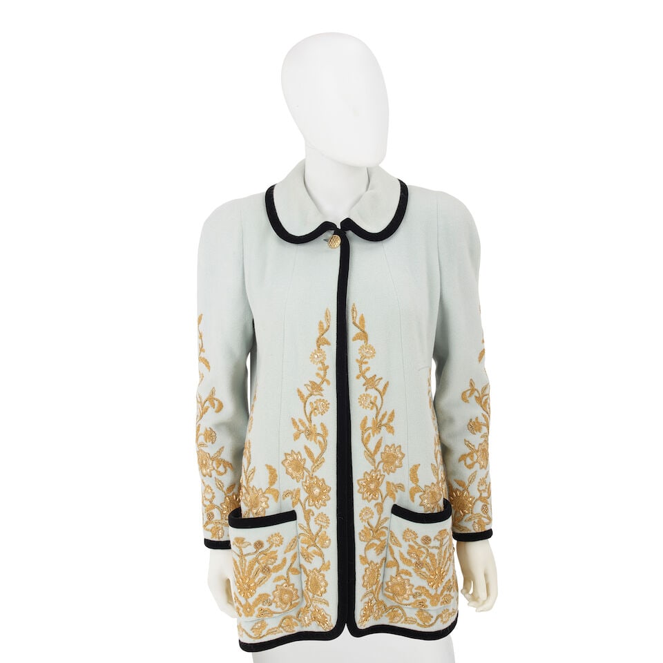 CHANEL: BLUE LESAGE EMBROIDERED KNIT EVENING JACKET Late 1980's-Early 1990's: CHANEL: BLUE LESAGE EMBROIDERED KNIT EVENING JACKET Late 1980's-Early 1990's • Feels Like Wool/Cashmere Blend Blue Exterior • Black Velvet Trim • Single Button Closure at Perper Pan 