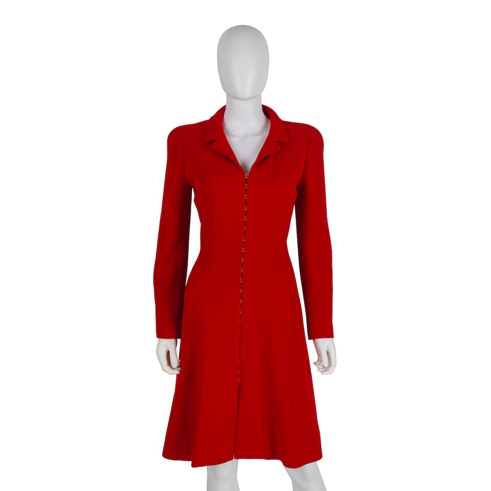 CHANEL: RED WOOL COAT DRESS 1990's: CHANEL: RED WOOL COAT DRESS 1990's • Red Wool Exterior • Hook Eye Closure • Gold CC Buttons at Sleeve • Red Silk CC Interior Lining • No Marked Size | Fits like an XS/S F