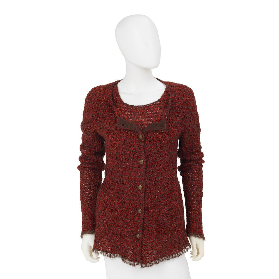 CHANEL: MULTICOLOR OPEN KNIT MOHAIR TWINSET Fall 1998: CHANEL: MULTICOLOR OPEN KNIT MOHAIR TWINSET Fall 1998 • Deep Red, Brown, and Yellow Exterior • Delicate Eyelash Fringe Trim Detail Throughout • Sunburst CC Button Closure On Cardigan