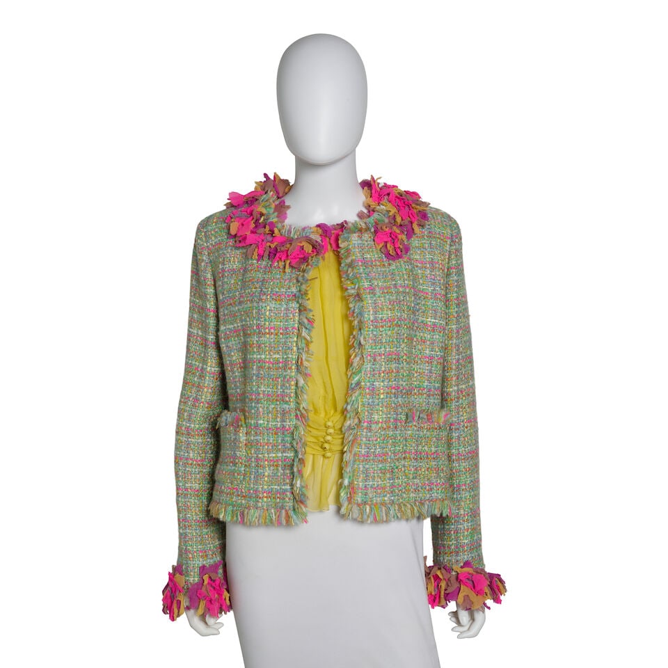 CHANEL: MULTICOLOR GREEN TWEED JACKET WITH BLOUSE Fall 2001 - 6