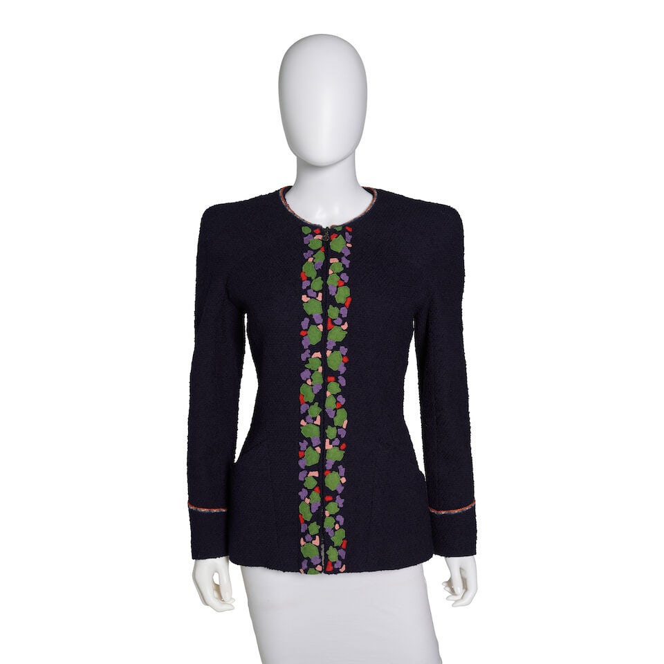 CHANEL: NAVY TWEED PATCH JACKET Fall 1997 | Look 69: CHANEL: NAVY TWEED PATCH JACKET Fall 1997 | Look 69 • Navy Wool Blend Exterior • Multicolor Patch and Stitching Detail • Zipper Closure • Multicolor Stich Along Cuff Detail 