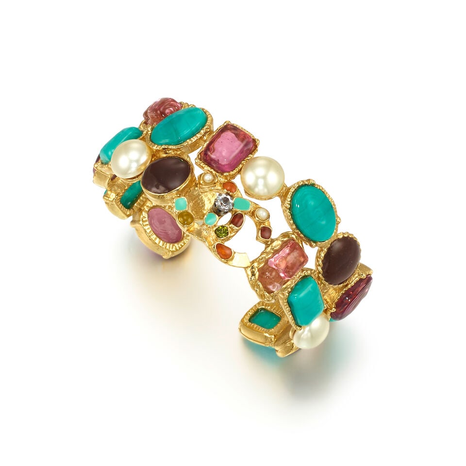 CHANEL: MULTICOLOR CC GEM CUFF Spring 2005: CHANEL: MULTICOLOR CC GEM CUFF Spring 2005 • Gold Tone Plating with Multicolor Poured Glass, Simulated Amethyst and Turquoise • Interlocking CC Detail with Multicolor Strass and Gripoix De