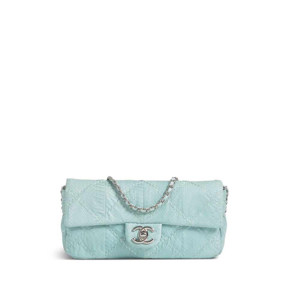 CHANEL: BLUE PYTHON ULTIMATE STITCH SHOULDER BAG 2011: CHANEL: BLUE PYTHON ULTIMATE STITCH SHOULDER BAG 2011 • Blue Python Exterior with Tonal Stitch Detail • Silver Tone Hardware • Leather and Chain Shoulder Strap • Signature Turn