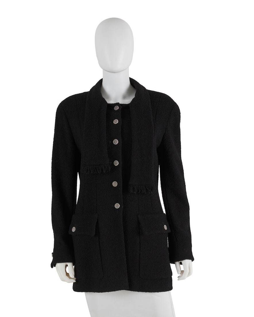 CHANEL: BLACK TWEED EVENING JACKET 1990's: CHANEL: BLACK TWEED EVENING JACKET 1990's • No Marked Size | Fits Like 38 • Black Wool Exterior • Silver Button Closure • Fringe Scarf at Neckline For further information on th