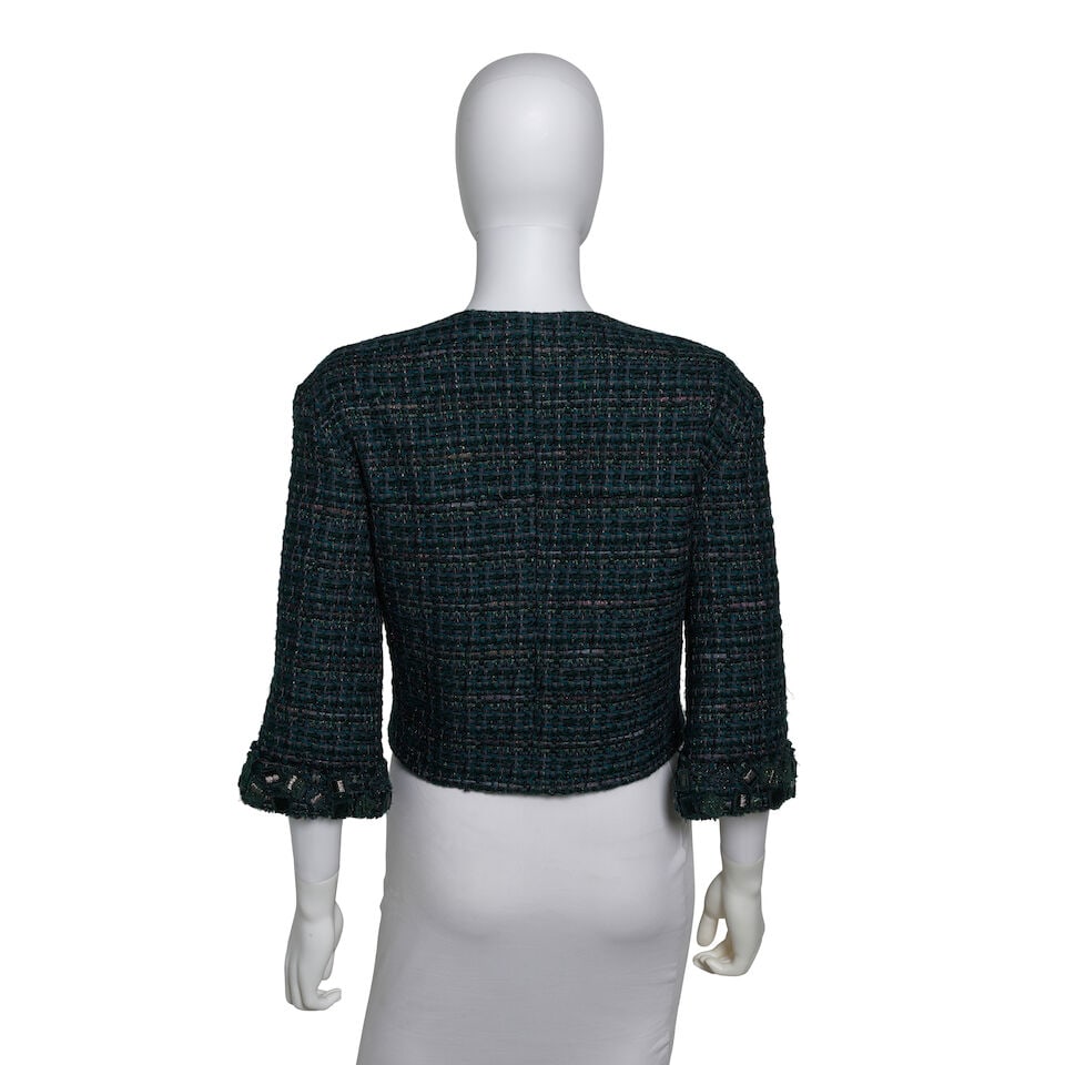 CHANEL: GREEN BLUE TWEED CROPPED JACKET Fall 2012 - 3