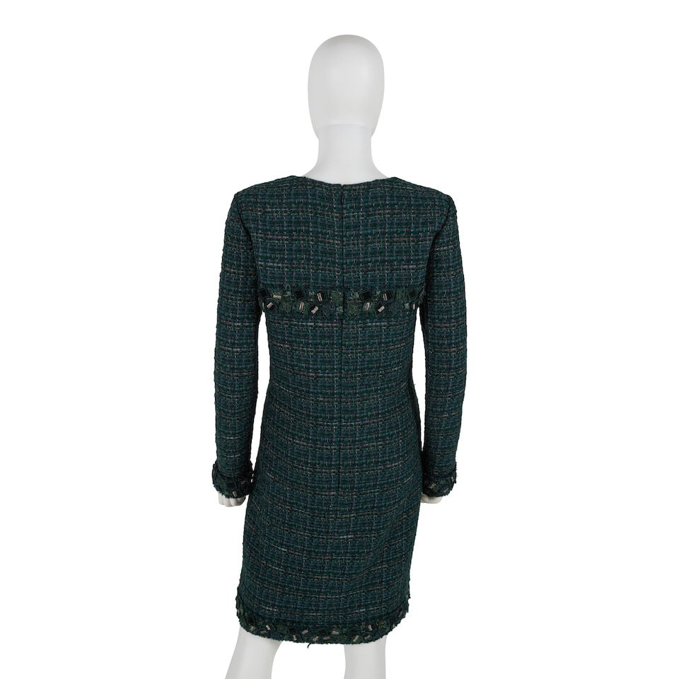 CHANEL: GREEN BLUE TWEED GEOMETRIC DRESS Fall 2012 - 3