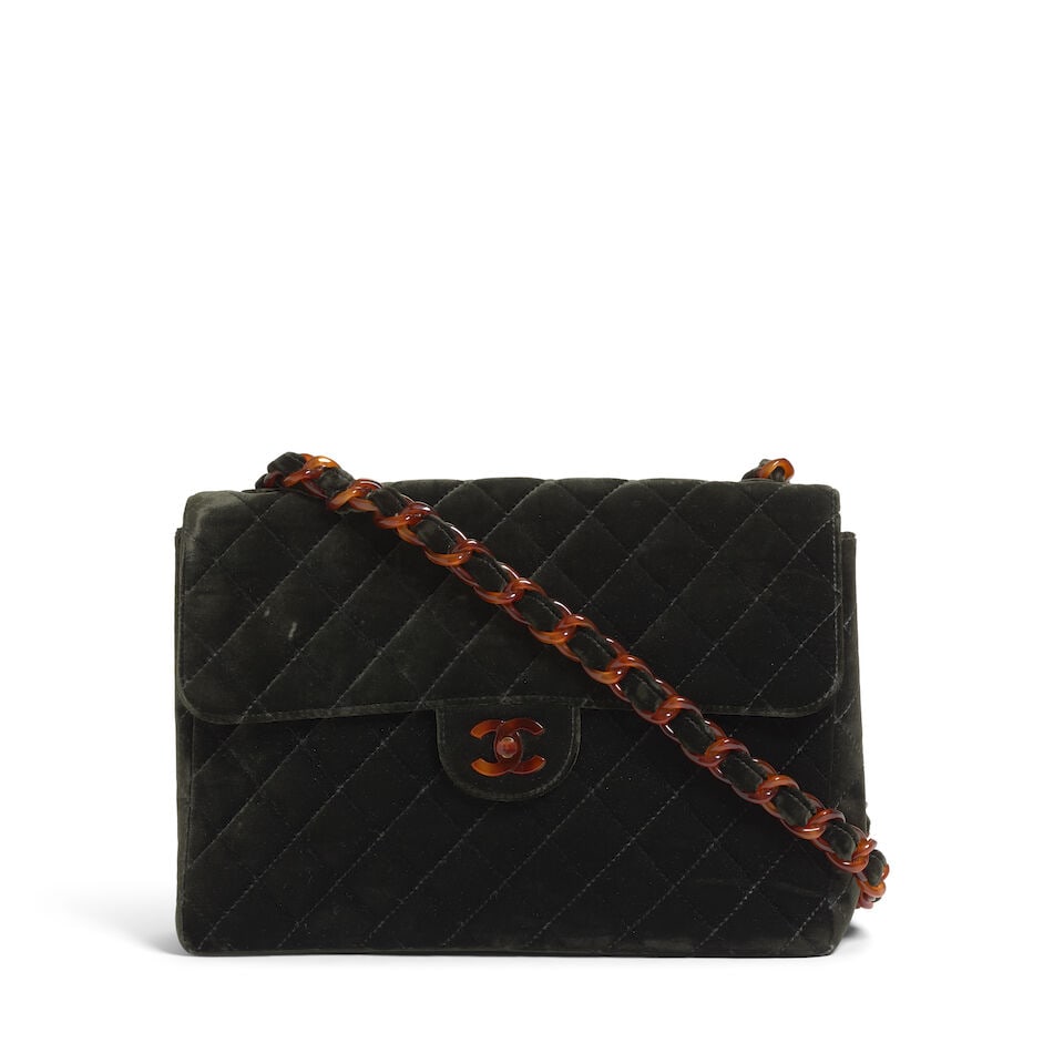 CHANEL: GREEN QUILTED VELVET FLAP BAG 1997-1999 (1 of 4)