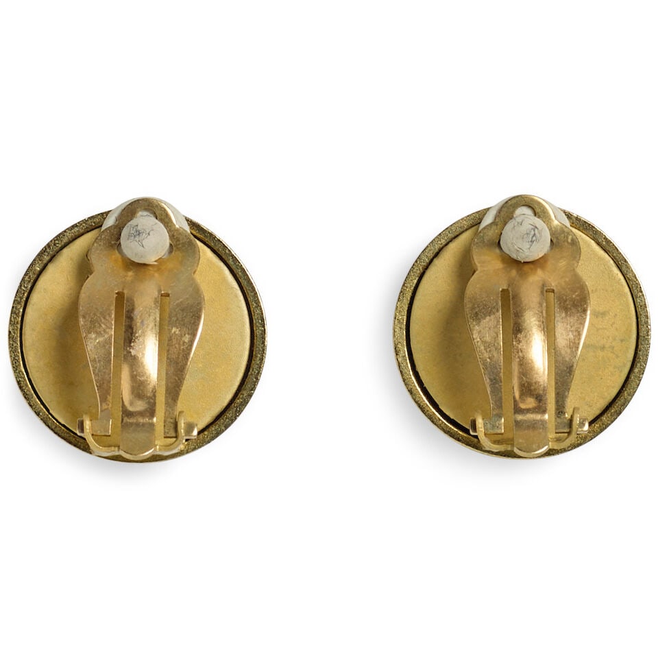 CHANEL: BLACK AND GOLD ROUND LOGO EARRINGS Fall 1994 - 2