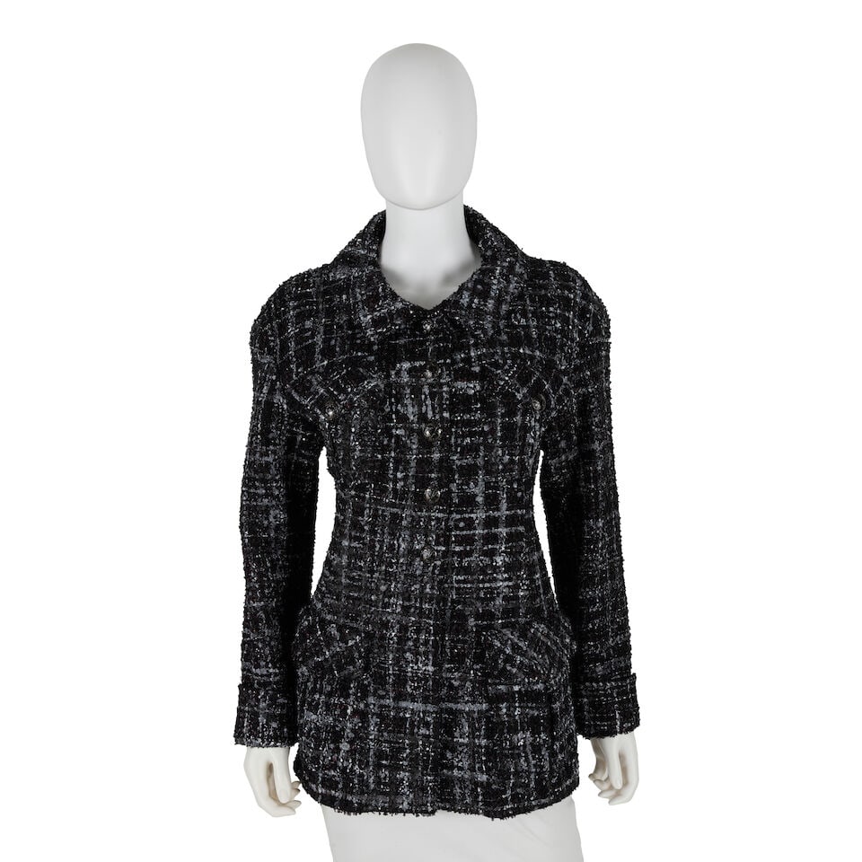 CHANEL: MULTICOLOR FINISHED TWEED JACKET Fall 2013: CHANEL: MULTICOLOR FINISHED TWEED JACKET Fall 2013 • Multicolor and Bronze Coated Tweed Exterior • Four Front Pockets • Cinch Detail at Back • Chanel World Button Closure ̶