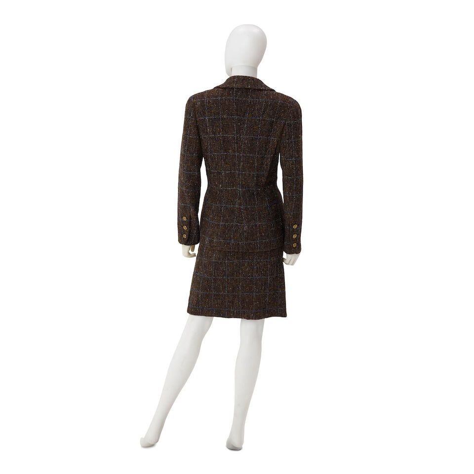 CHANEL: BROWN AND BLUE LUREX TWEED SKIRT SUIT ENSEMBLE Fall 1994 - 2