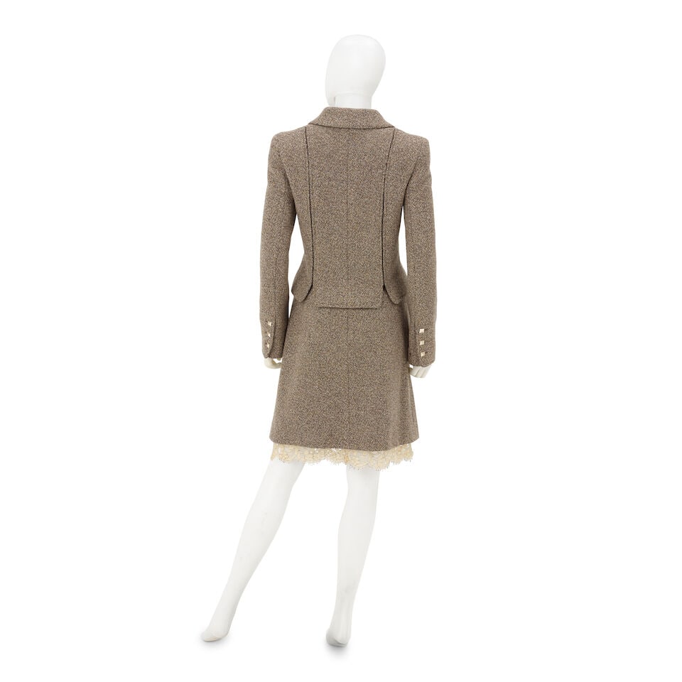 CHANEL: BROWN TWEED LACE TRIM SKIRT SUIT ENSEMBLE Fall 2003 - 2