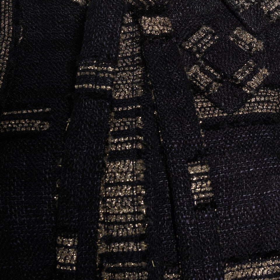 CHANEL: BLACK AND GOLD TWEED RIBBON SKIRT SUIT ENSEMBLE Fall 2006 - 2