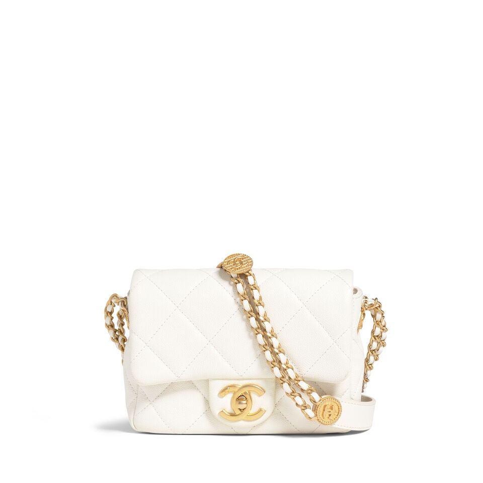 CHANEL: WHITE QUILTED CAVIAR MINI TWIST YOUR BUTTONS FLAP BAG 2022: CHANEL: WHITE QUILTED CAVIAR MINI TWIST YOUR BUTTONS FLAP BAG 2022 • White Caviar Quilted Exterior • Antique Gold Tone Hardware • Leather and Chain Shoulder Strap with Decorative Log