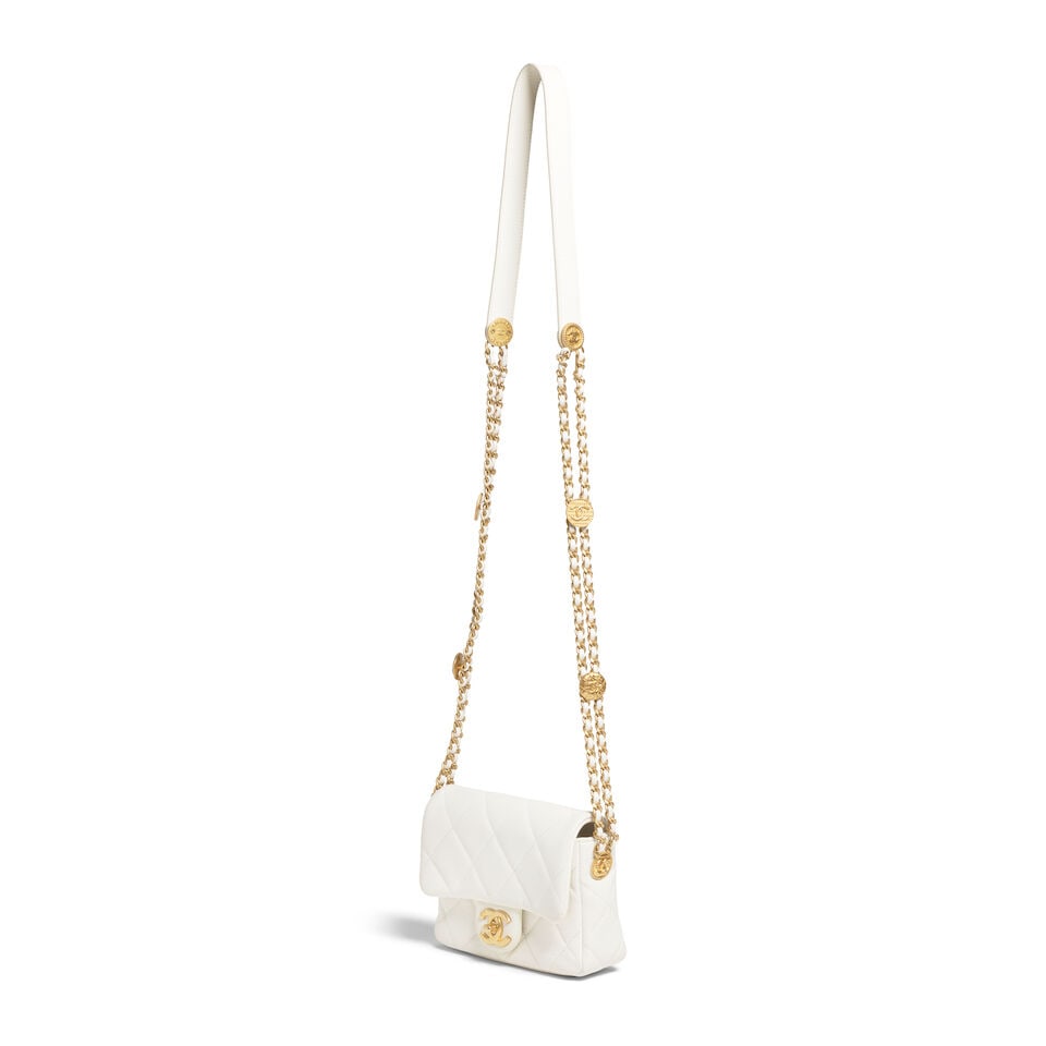 CHANEL: WHITE QUILTED CAVIAR MINI TWIST YOUR BUTTONS FLAP BAG 2022 - 2