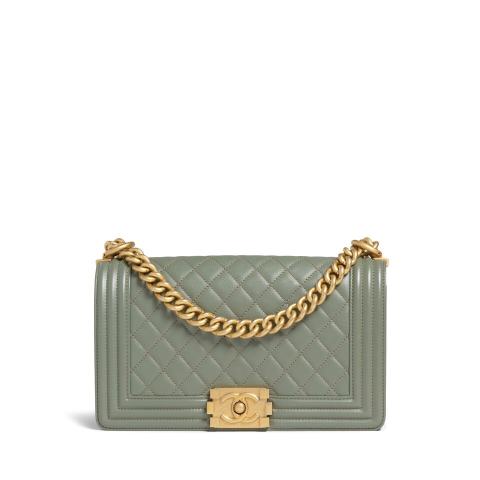 CHANEL: OLIVE QUILTED OLD MEDIUM BOY BAG 2017-2018: CHANEL: OLIVE QUILTED OLD MEDIUM BOY BAG 2017-2018 • Olive Quilted Smooth Calfskin Exterior • Antique Gold Tone Hardware • Leather and Chain Shoulder Strap • CC Push Lock Closu