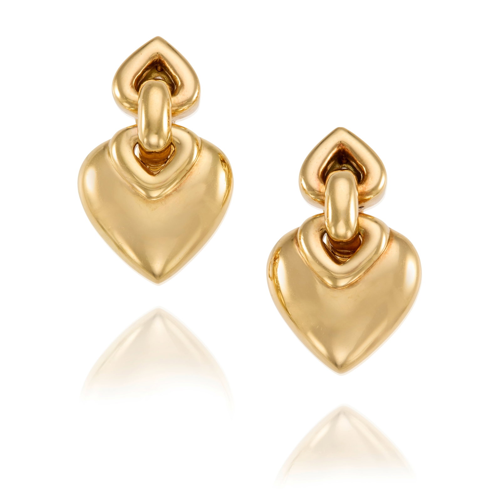 BULGARI: A PAIR OF 18K GOLD 'DOPPIO CUORE' EARRINGS: BULGARI: A PAIR OF 18K GOLD 'DOPPIO CUORE' EARRINGS Each designed as linked pairs of hearts; signed Bulgari; with Italian registered trademark; length 1 1/4 in. Footnotes: OVERALL CONDITION: Metal sta