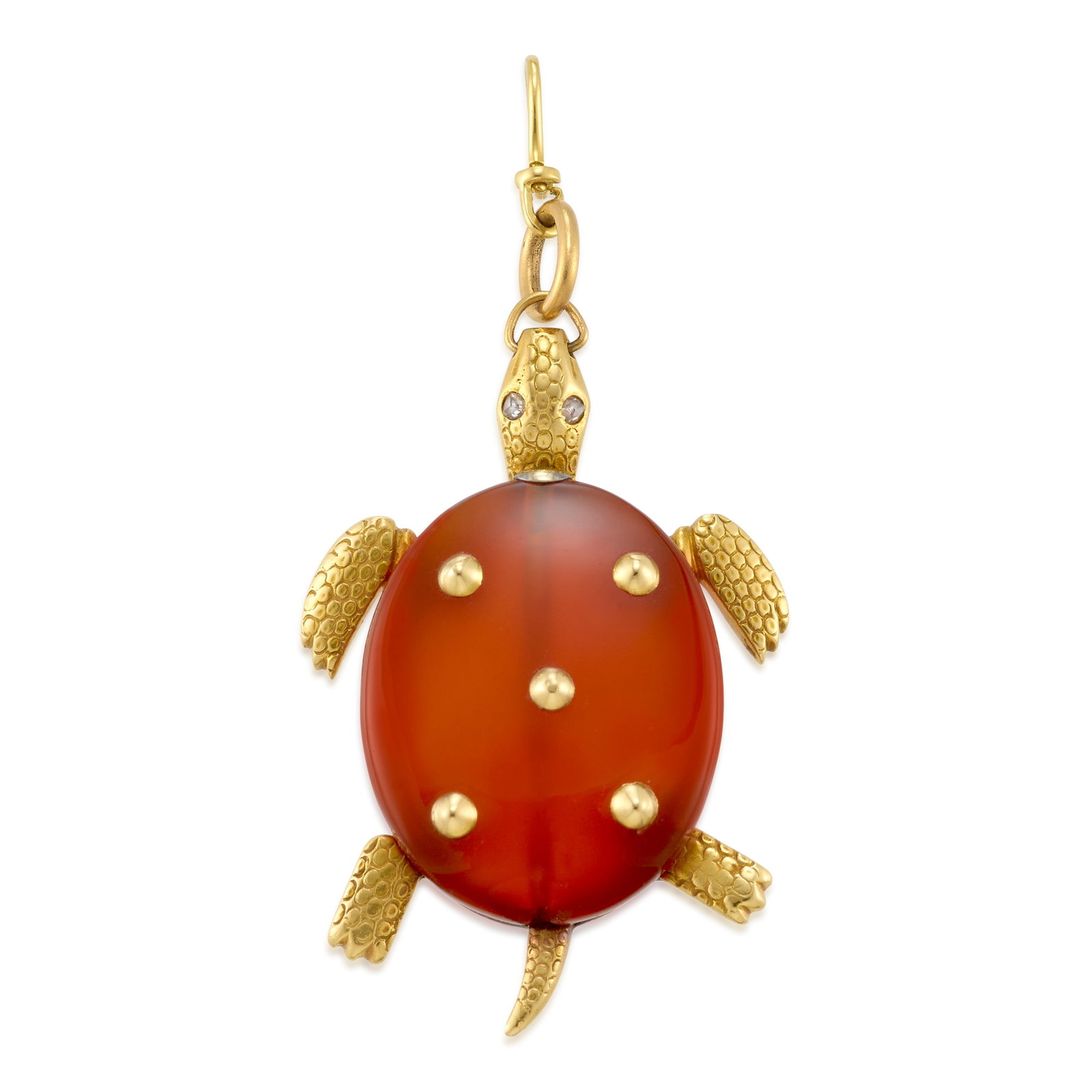 CARTIER: AN 18K GOLD AND CARNELIAN PENDANT: CARTIER: AN 18K GOLD AND CARNELIAN PENDANT Designed as a turtle, the carnelian shell accented with round gold studs; signed Cartier France; with partial assay mark; measures 1 7/8 1 3/16 in.; pendant 