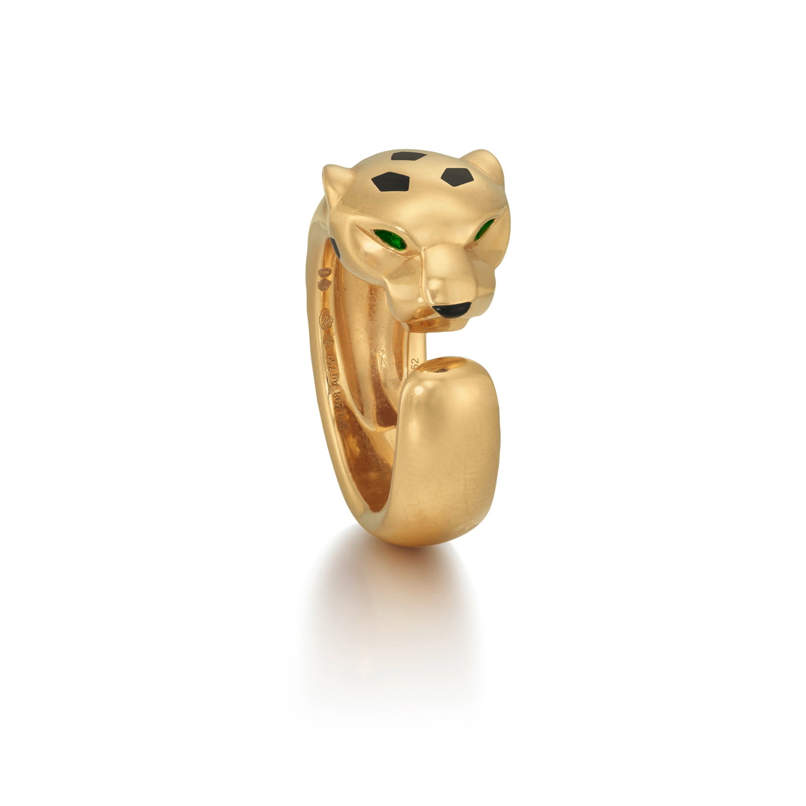 CARTIER: AN 18K GOLD 'PANTHÈRE DE CARTIER' RING, FRANCE/SWITZERLAND: CARTIER: AN 18K GOLD 'PANTHÈRE DE CARTIER' RING, FRANCE/SWITZERLAND Designed as a panther with tsavorite garnet eyes, an onyx nose and black lacquer spots; signed Cartier; with maker's mark; with