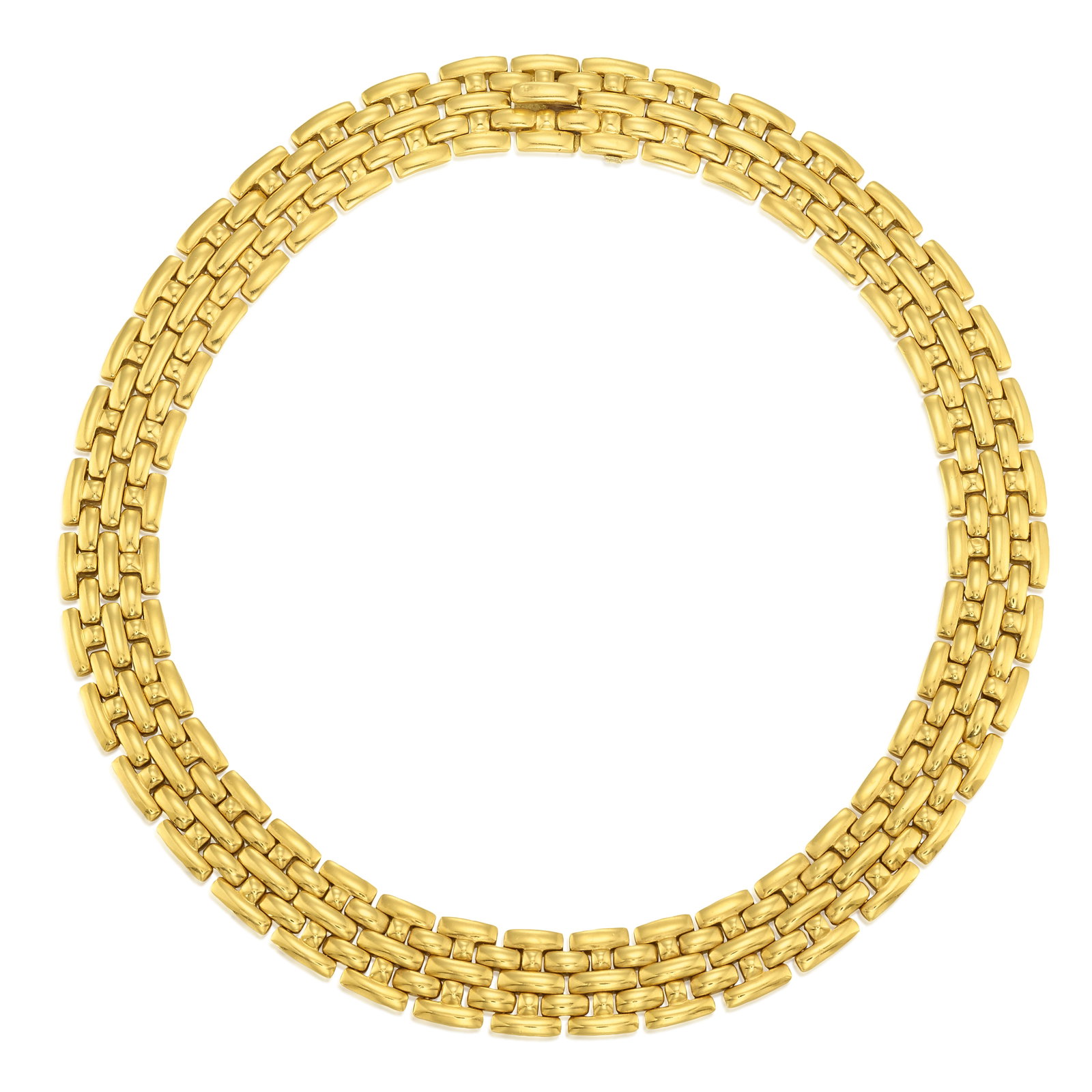 GARAVELLI: AN 18K GOLD NECKLACE, ITALY: GARAVELLI: AN 18K GOLD NECKLACE, ITALY Composed of repeating links; with Italian registered trademark; length 15 in.; width 5/8 in. Footnotes: OVERALL CONDITION: Metal stamped and tested with XRF (X-r