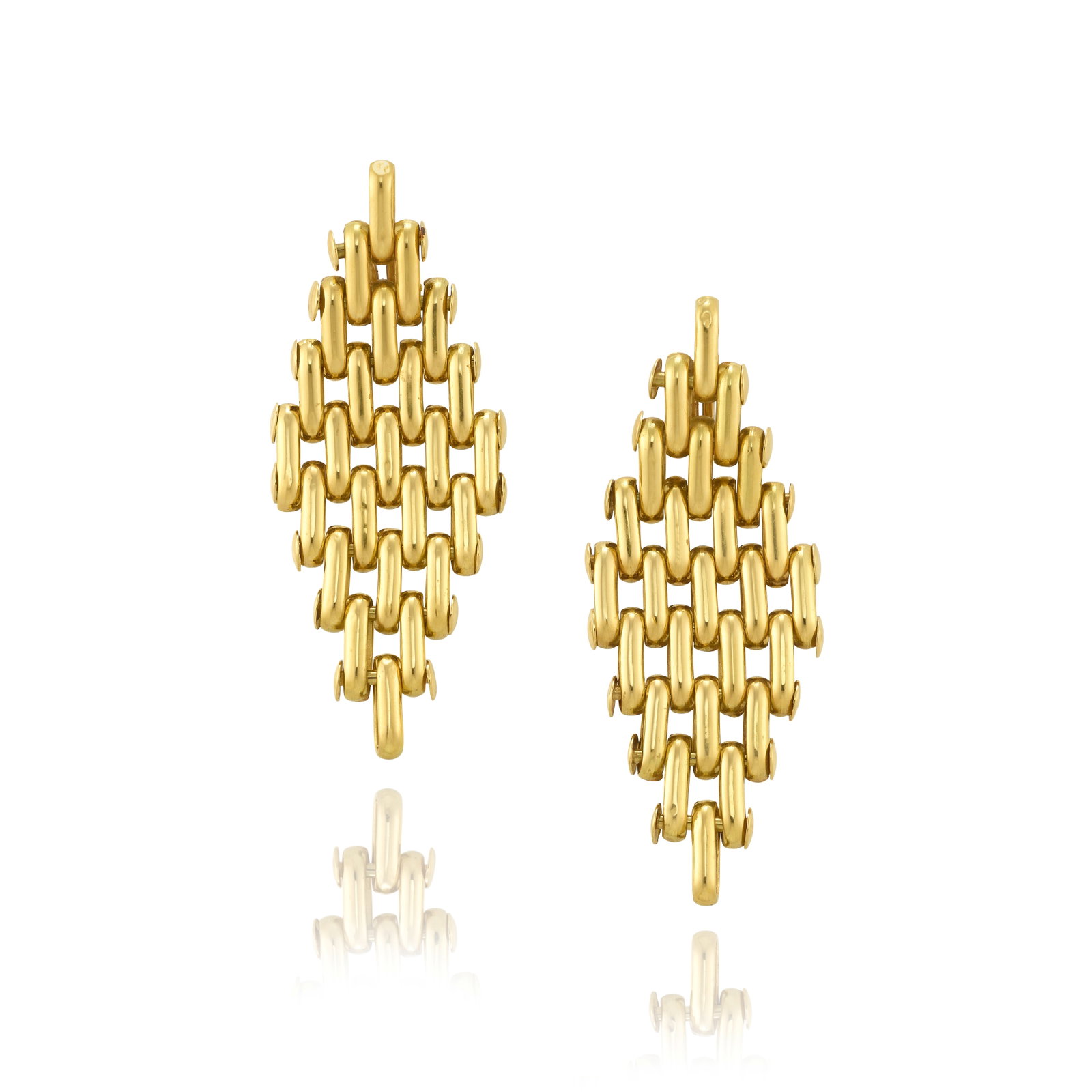 A PAIR OF GOLD EARRINGS: A PAIR OF GOLD EARRINGS Each of brick link design; fabricated in 18k gold; measures 2 7/8 x 1 1/16 in. Footnotes: OVERALL CONDITION: Metal purity unstamped and tested with XRF (X-ray fluorescence) for