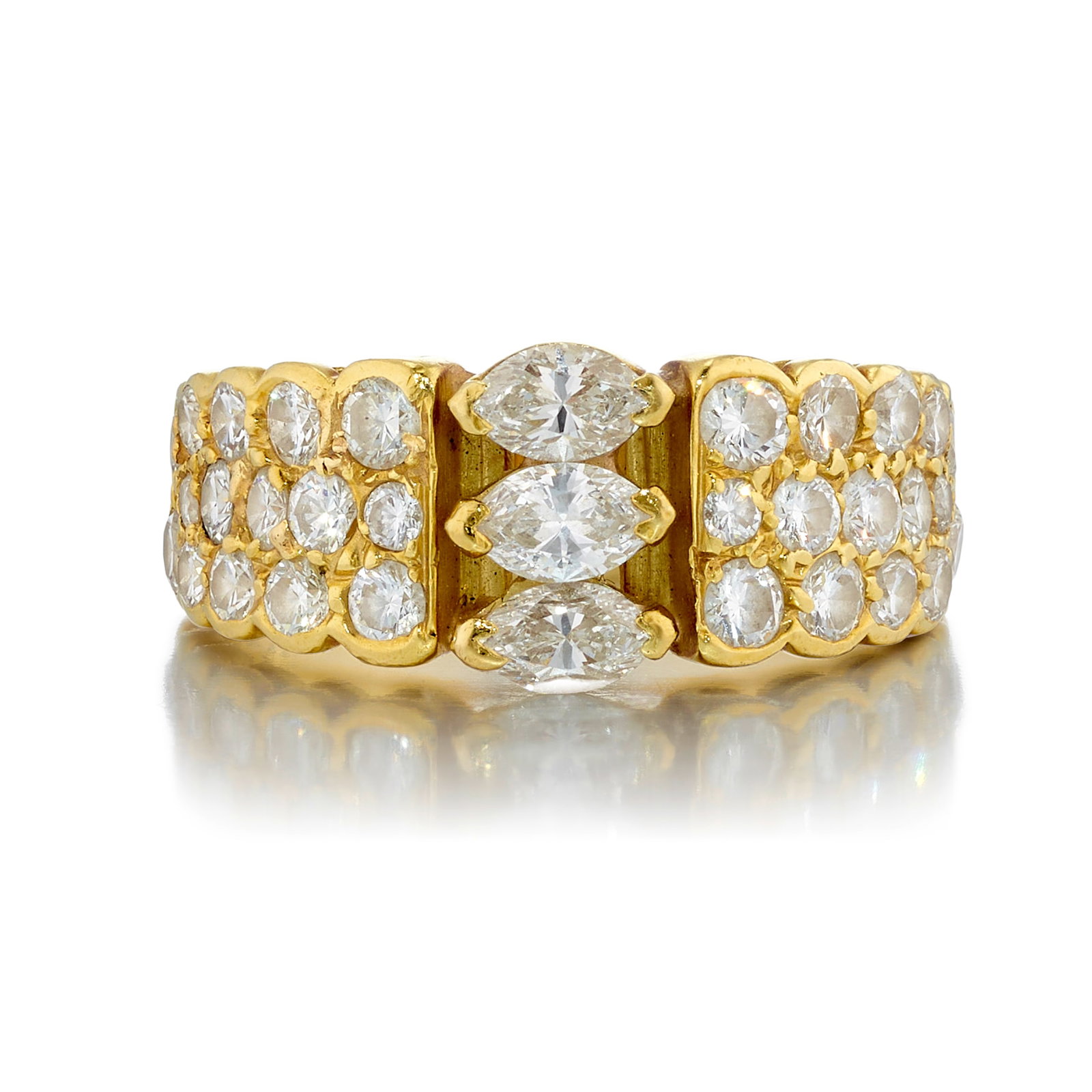 VAN CLEEF & ARPELS: AN 18K GOLD AND DIAMOND RING: VAN CLEEF & ARPELS: AN 18K GOLD AND DIAMOND RING Centering a trio of marquise-shaped diamonds, accented by pavé-set, round brilliant-cut diamonds; signed VCA; with serial number; estimated total 
