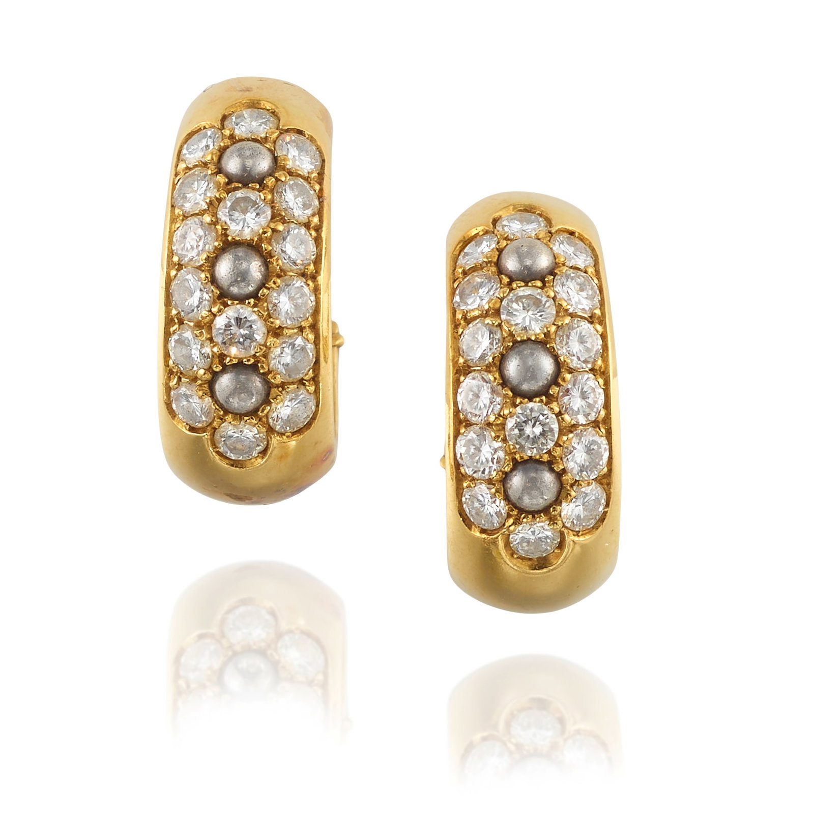 CARTIER: A PAIR OF 18K GOLD AND DIAMOND EARRINGS: CARTIER: A PAIR OF 18K GOLD AND DIAMOND EARRINGS Each pavé-set with round brilliant-cut diamonds, accented with three blackened gold round studs; signed Cartier; with serial number; estimated tot