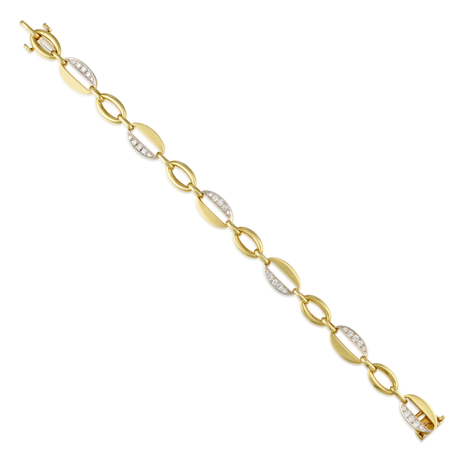 HAMMERMAN BROTHERS: AN 18K GOLD AND DIAMOND BRACELET: HAMMERMAN BROTHERS: AN 18K GOLD AND DIAMOND BRACELET A fancy, oval link chain bracelet, alternating links half-accented with round brilliant-cut diamonds; with maker's mark; estimated total diamond we