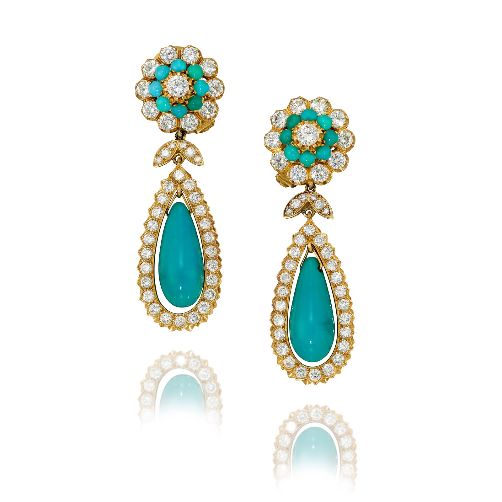 A PAIR OF CONVERTIBLE TURQUOISE AND DIAMOND EARRINGS: A PAIR OF CONVERTIBLE TURQUOISE AND DIAMOND EARRINGS Each comprising a cluster of round brilliant-cut diamonds and round cabochon turquoise, suspending removable pendants accented with round brilliant