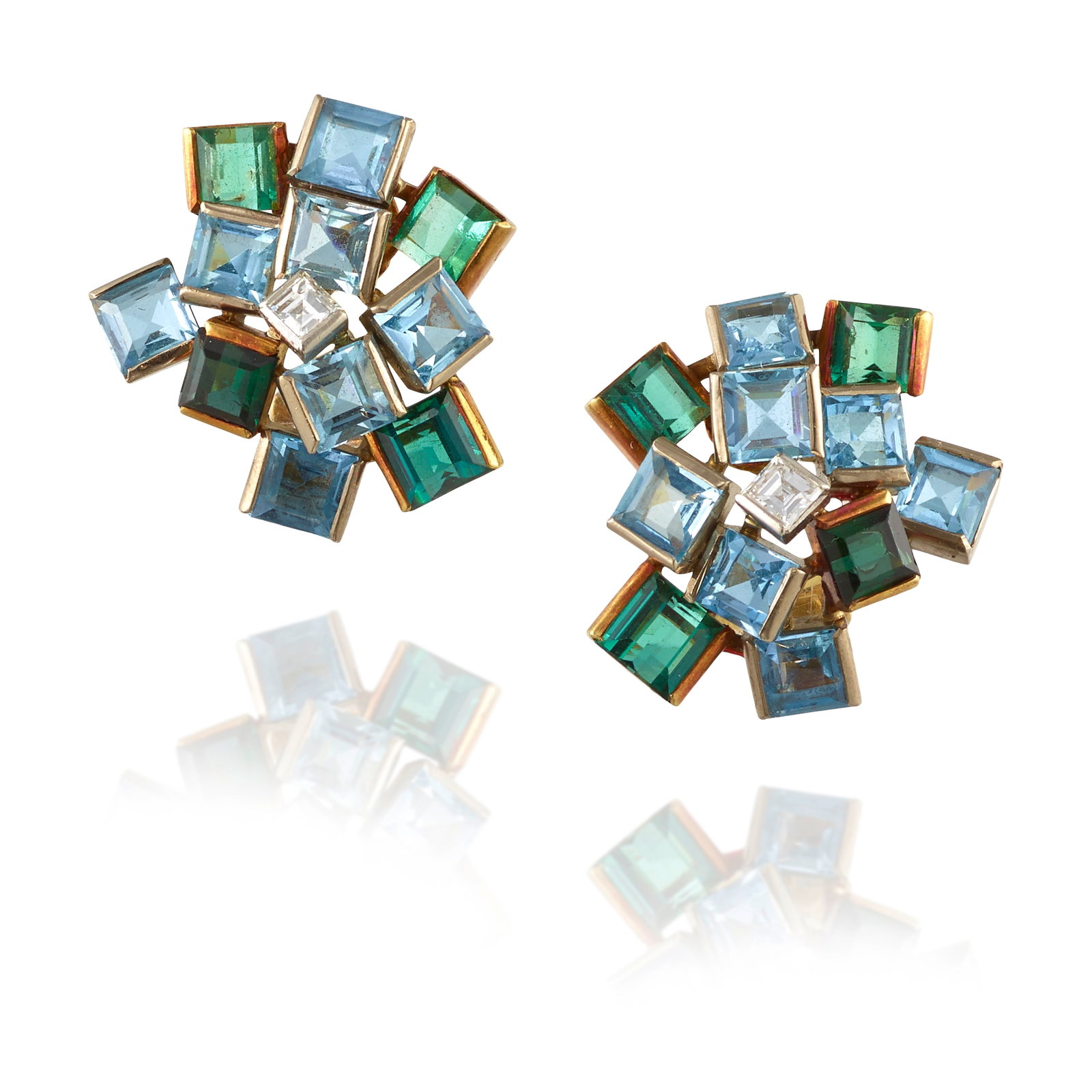 GRIMA: A PAIR OF 18K GOLD, PLATINUM, DIAMOND AND GEM-SET EARCLIPS, 1971 (1 of 1)