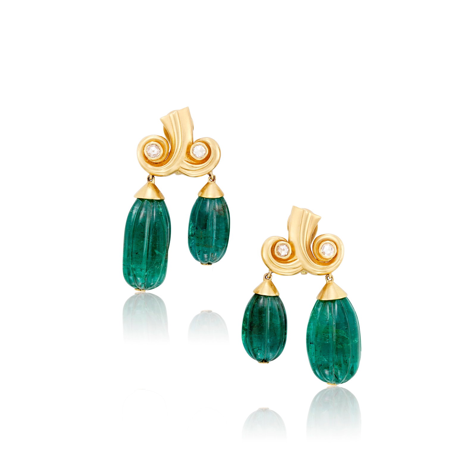 A PAIR OF EMERALD AND DIAMOND EARRINGS: A PAIR OF EMERALD AND DIAMOND EARRINGS Each centering two fluted emerald beads, to a top of swirl motif, accented by rose-cut diamonds; estimated total emerald weight 50.00 - 60.00 carats; mounted in 