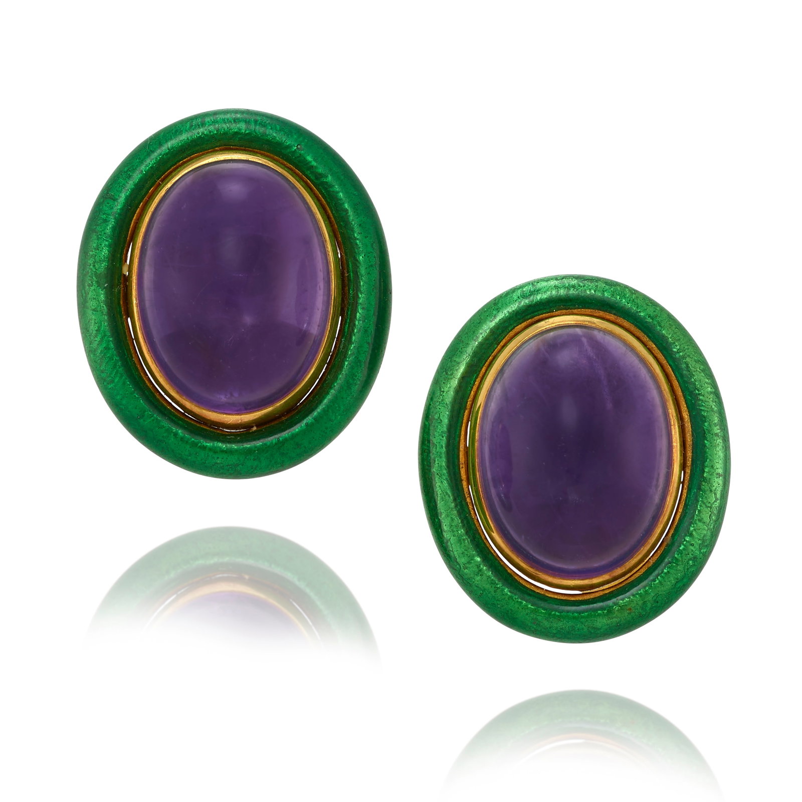 DAVID WEBB: A PAIR OF 18K GOLD, AMETHYST AND ENAMEL EARCLIPS: DAVID WEBB: A PAIR OF 18K GOLD, AMETHYST AND ENAMEL EARCLIPS Each centering oval-shaped cabochon amethysts, in surrounds of green enamel; signed Webb; estimated total amethyst weight 45.90 carats; mea