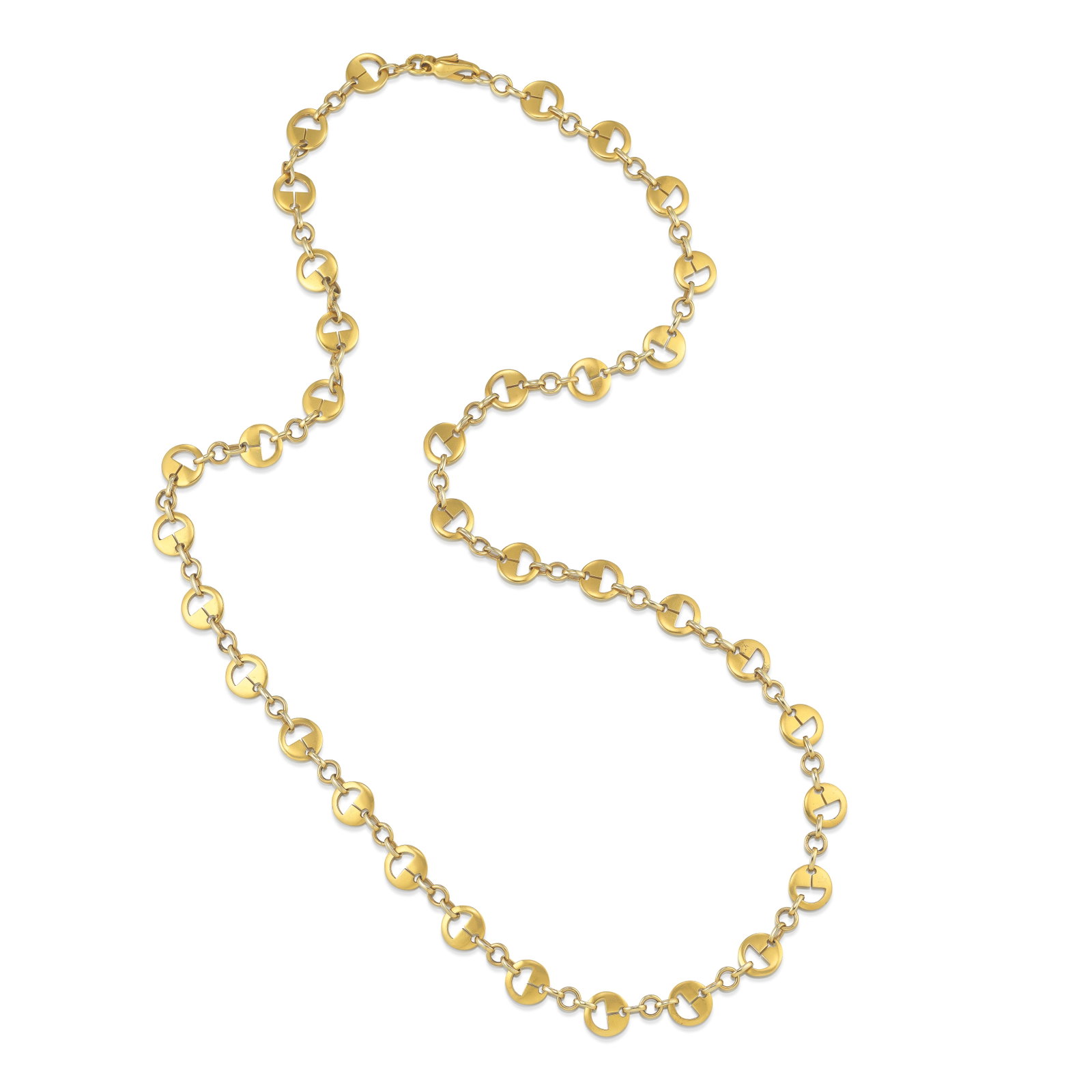 AN 18K GOLD NECKLACE: AN 18K GOLD NECKLACE A fancy link chain necklace; with Italian registered trademark; length 32 3/4 in. Footnotes: OVERALL CONDITION: Metal stamped and tested with XRF (X-ray fluorescence) for 18k gold