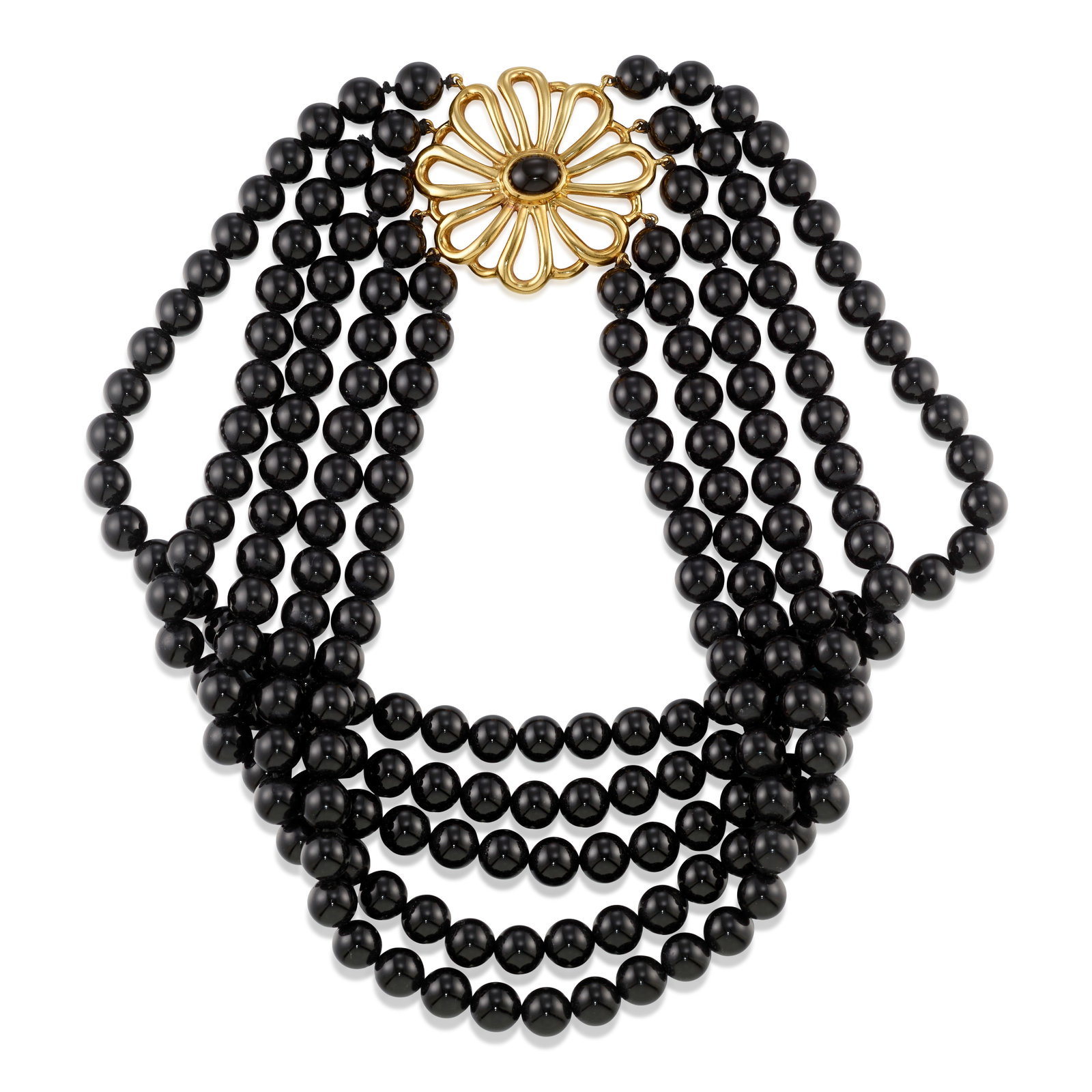 PALOMA PICASSO FOR TIFFANY & CO.: AN 18K GOLD AND ONYX NECKLACE: PALOMA PICASSO FOR TIFFANY & CO.: AN 18K GOLD AND ONYX NECKLACE Comprising five strands of round onyx beads, completed by an openwork flower clasp, centering an oval-shaped cabochon onyx; signed Palom
