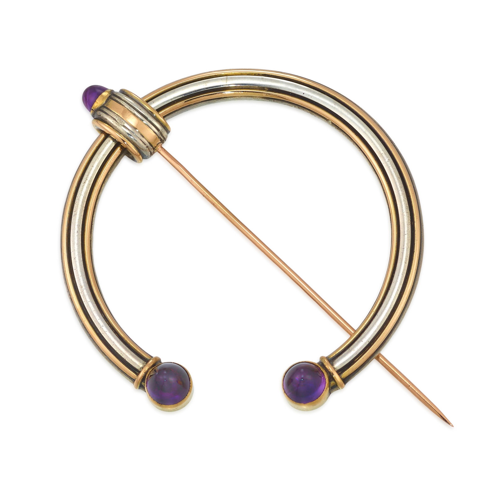 CARTIER: A SILVER, 18K PINK GOLD AND AMETHYST PENANNULAR, CIRCA 1920: CARTIER: A SILVER, 18K PINK GOLD AND AMETHYST PENANNULAR, CIRCA 1920 Composed of bands of silver and pink gold, the terminals and pinhead accented with round cabochon amethysts; signed Cartier