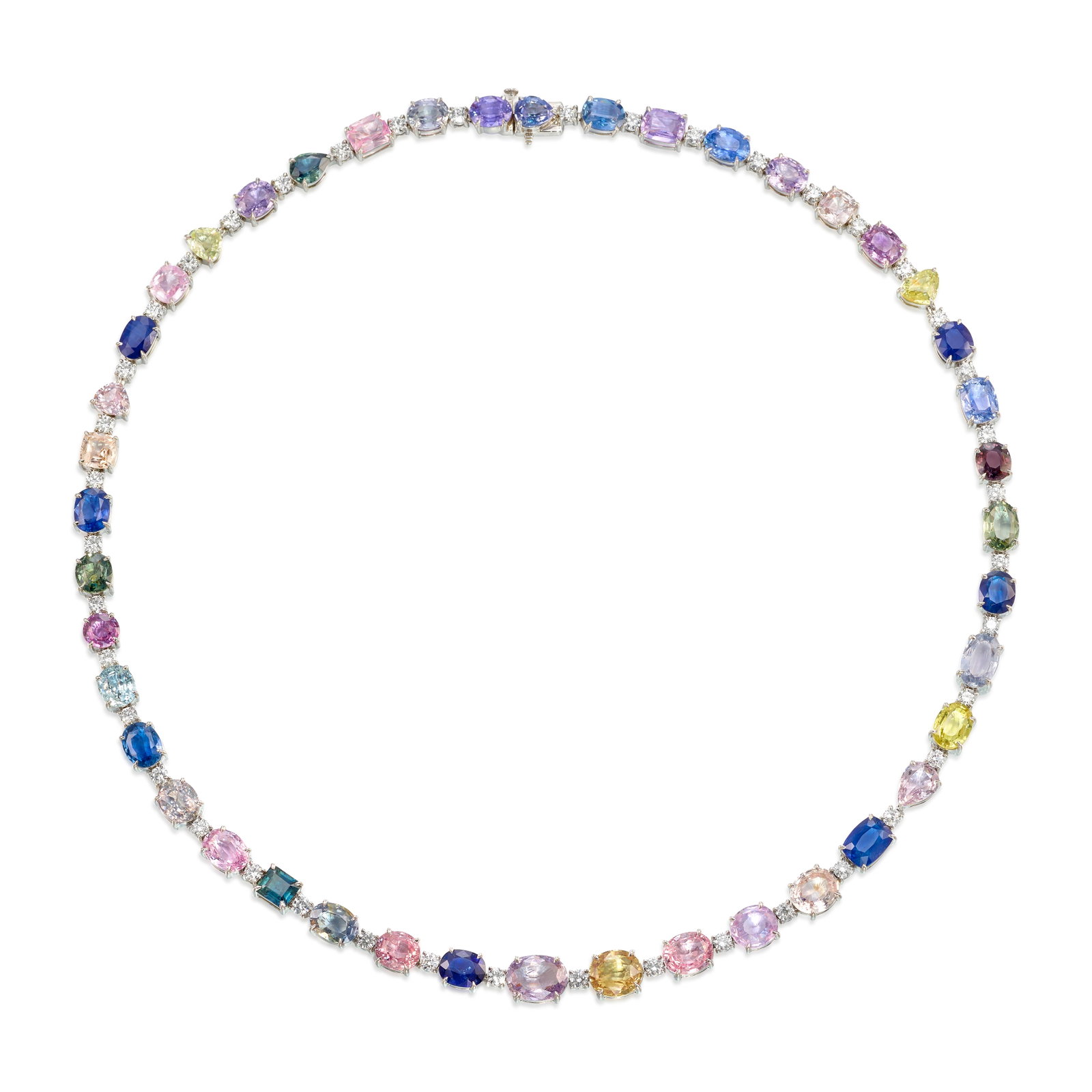 A PLATINUM, MULTI-COLORED SAPPHIRE AND DIAMOND NECKLACE: A PLATINUM, MULTI-COLORED SAPPHIRE AND DIAMOND NECKLACE A line necklace alternating round, octagonal, oval, pear, and cushion-shaped sapphires of varying colors and sizes and round brilliant-cut diamo