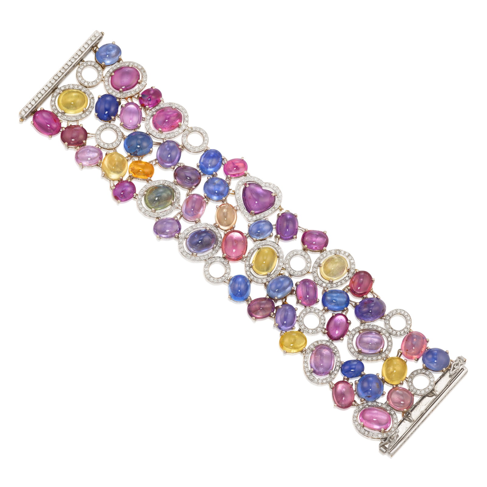 A MULTI-COLORED SAPPHIRE AND DIAMOND BRACELET: A MULTI-COLORED SAPPHIRE AND DIAMOND BRACELET Comprising blue, violet, pink, yellow and orange oval-shaped cabochon sapphires, with one pink heart-shaped cabochon, accented across with round